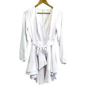 White Long Sleeve Surplice Ruffle Mini Dress